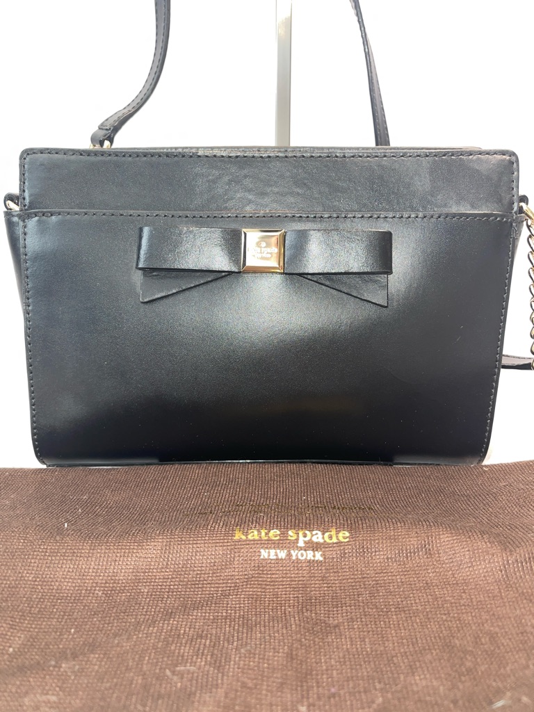 Kate Spade Montford Park Black Smooth Leather Bow Crossbody Bag W/ Dust Bag